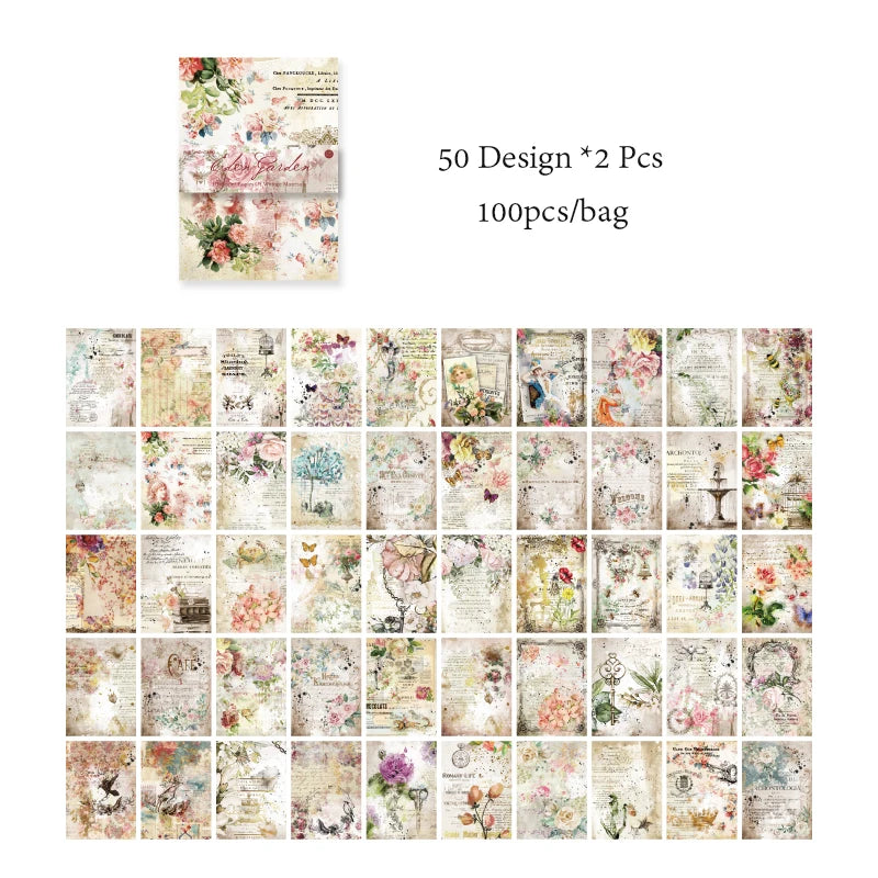 8 Style100Pcs/book Memo Material Paper Vintage Artistic Character Message Card Beautiful Flowers European Style DIY Hand Account
