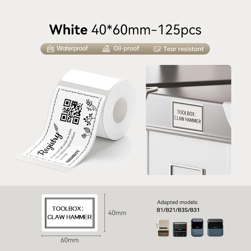 1 Roll NIIMBOT White/Cold Thermal Adhesive Label for B1 B21 B3S B31 B4 Anti-Oil Tear-Resistant Price Tag Home Bussiness Use