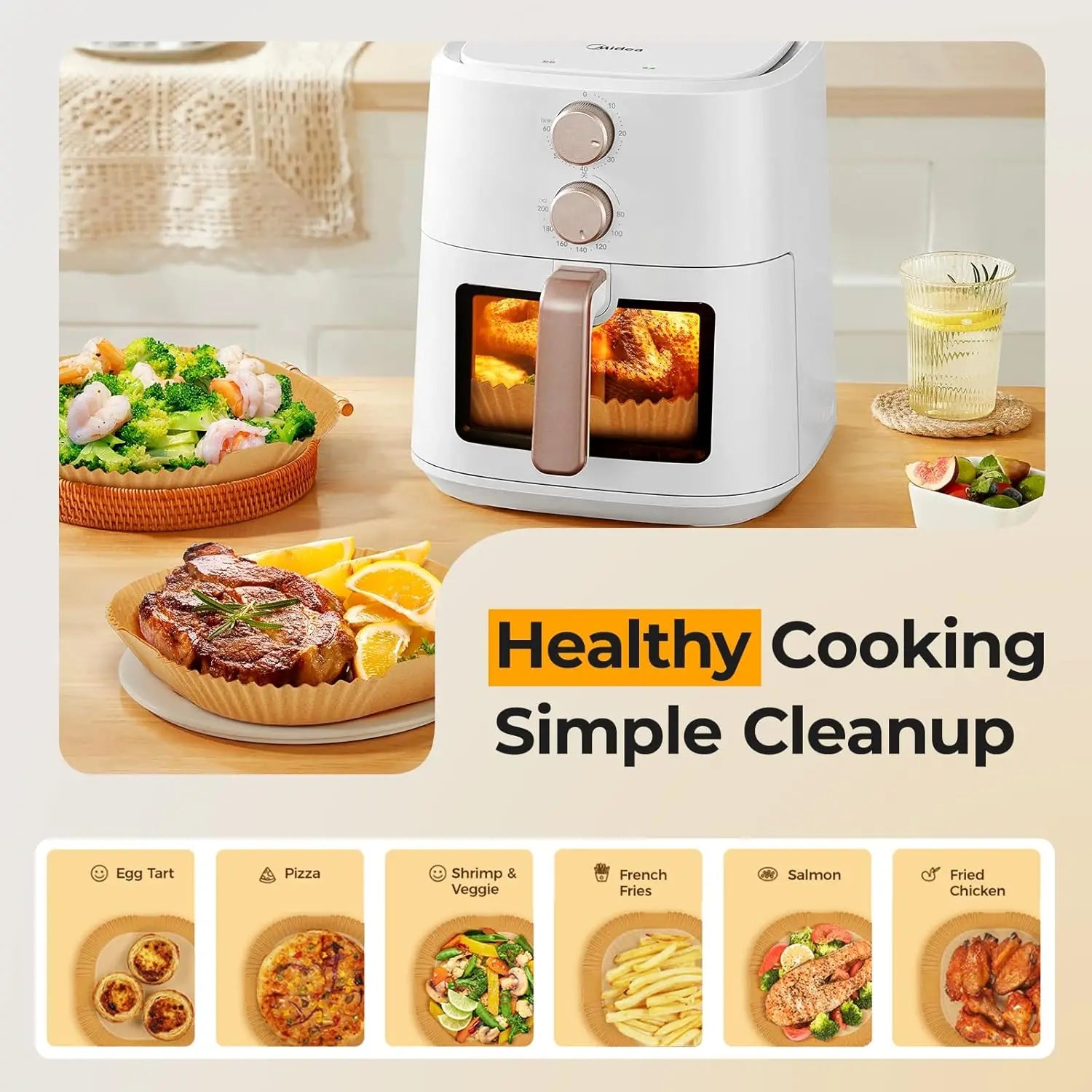 Air Fryer Paper Liners 50Pcs, 8 Inch Square Non-Stick Parchment Liners, Disposable Bleach Free Liners for Air Fryer & Microwave