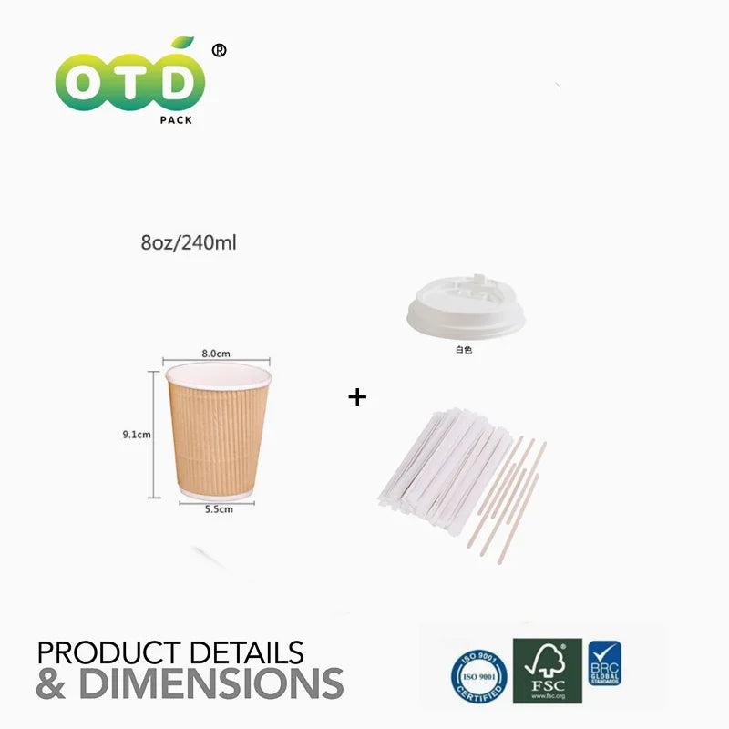 Black Rippled Double Wall Paper Cups, Disposable Coffee Cups, Paper Cups for Christmas Party and Daily [With Lids]