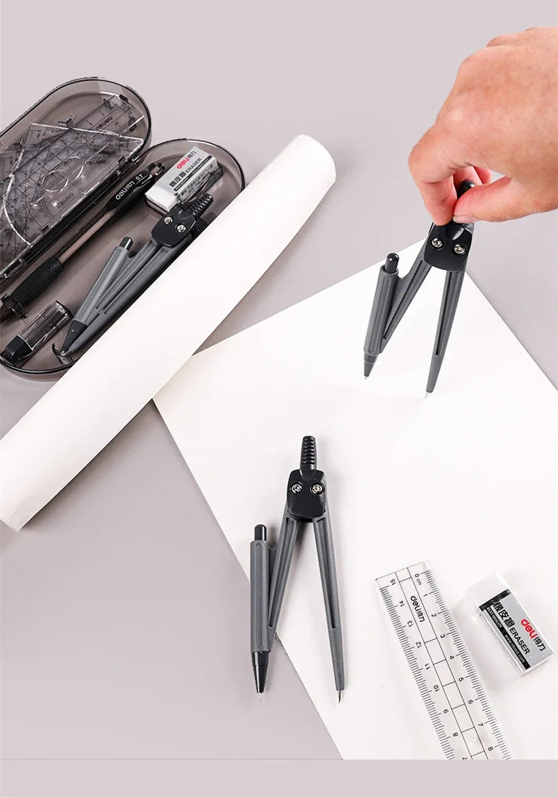 DELI Professional Drafting Tools Set 8PCS Drawing Kit with Compass Ruler Protractor Geometry Set for Students