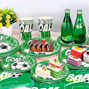 Soccer Party Decorations,113pcs Party Decorations&Tableware Set-Soccer Birthday Banner Balloons Whistle Keychain Plates etc