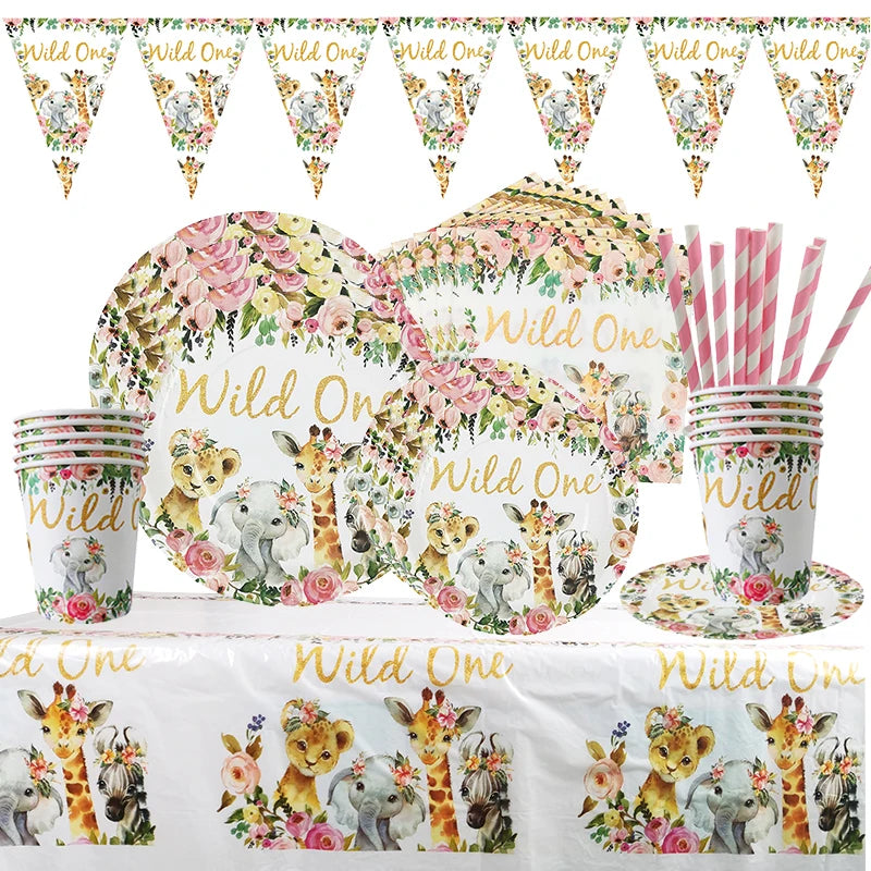 Pink Gold Animal Wild One Birthday Party Tableware Set Forest Decoration One Birthday Jungle Safari Party Supplies