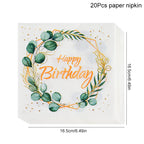 Green Eucalyptus Leaf Disposable Tableware Paper Plate Cup Napkin Banner Kids Adult Happy Birthday Birthday Party Decor Supplies