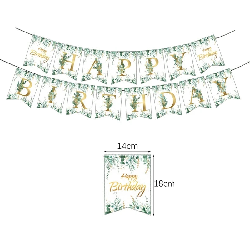 Green Eucalyptus Leaf Disposable Tableware Paper Plate Cup Napkin Banner Kids Adult Happy Birthday Birthday Party Decor Supplies