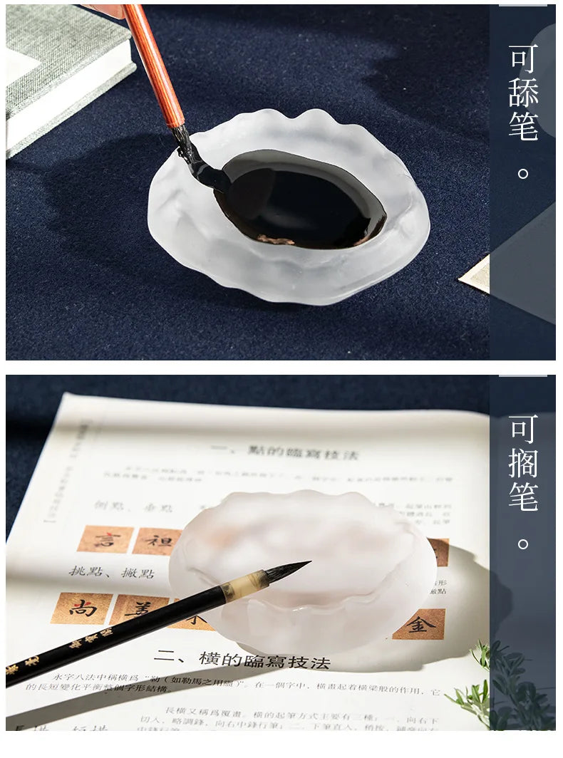 Frosted Glass Ink Dish Ink Stone Brush Rest Multi-purpose Ink Plate for Calligraphy Painting Art Decor Gift
