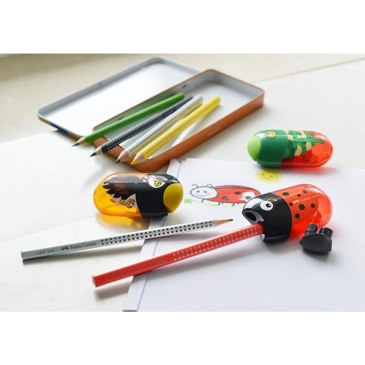1Pc Faber Castell Double Hole Pencil Sharpener with Eraser Ladybug / Fish / Eagle Cute Stationery Back To School
