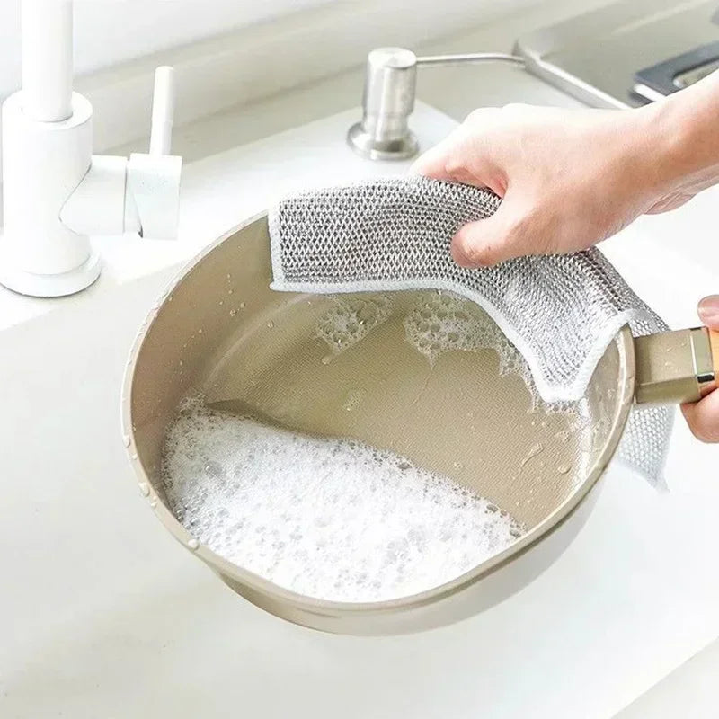 Thickened Steel Wire Cleaning Cloth Non-Scratch Double-layer Iron Microfiber Mesh Dishrag Washing Pot Rags Kitchen Towel