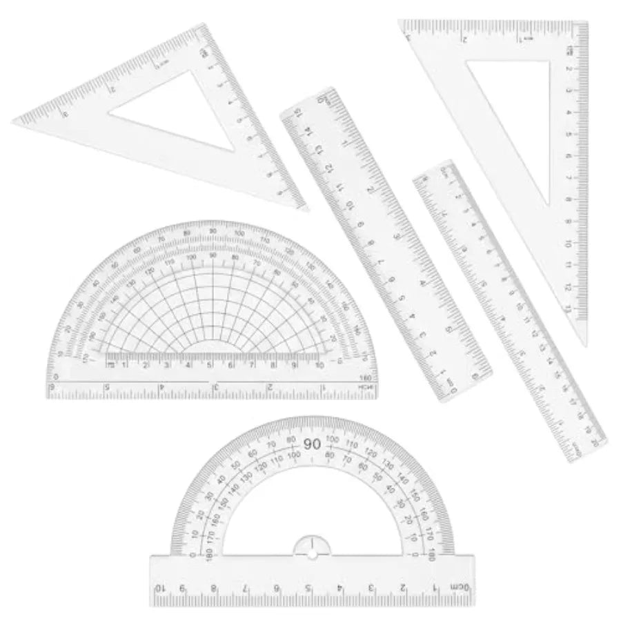6Pcs Transparent Ruler Set for Drawing, Engineering, Art: Clear Acrylic, Blue-Tinted, Anti-Slip Grip Precise Markings