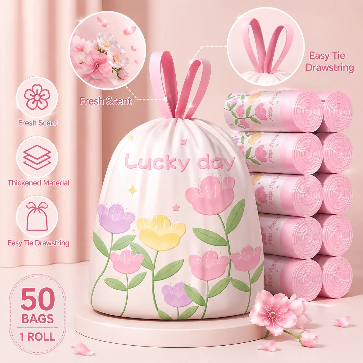 50-Count Scented Drawstring Trash Bags, 45 × 45 cm Cute Printed Small Bin Liners for Bathroom, Kitchen & Living Room