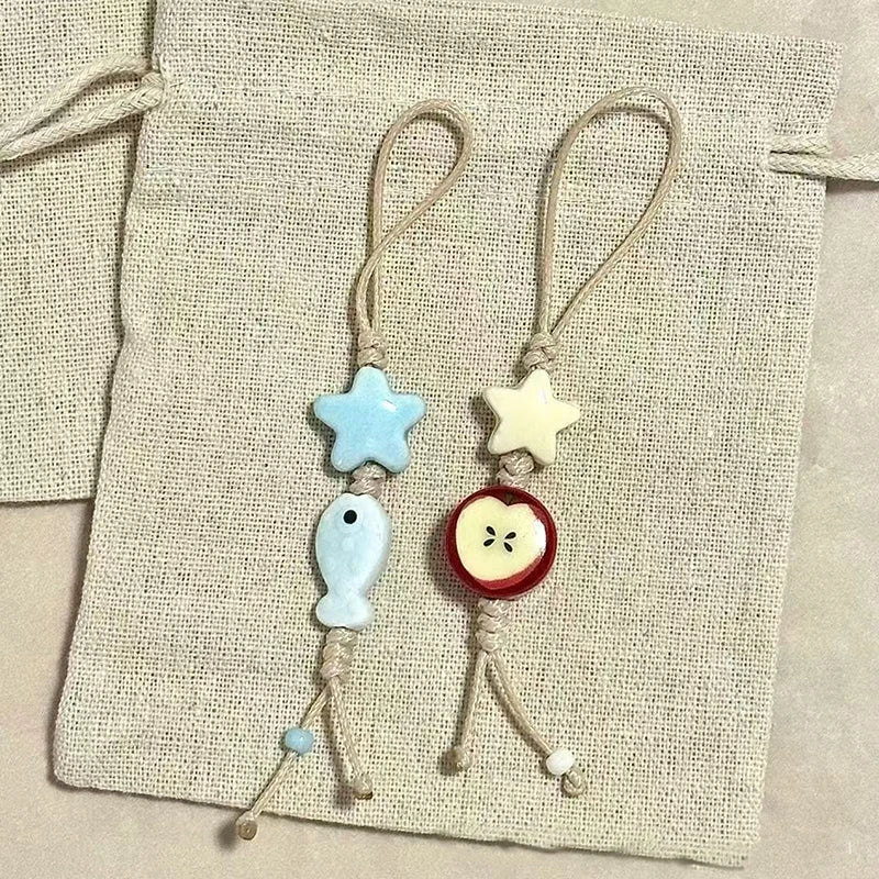 Cute Star Flower Mobile Phone Strap Kawaii Ceramic Beaded Mobile Phone Lanyard Bag Decoration Camera Pendant Fashion Keychain