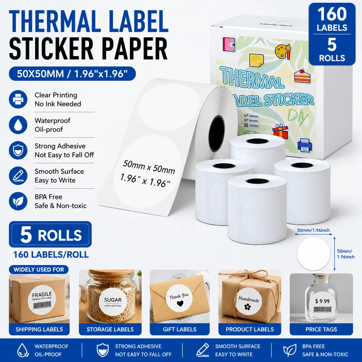 50x50mm Waterproof Self-Adhesive Thermal Labels for Shipping Barcodes Retail Price Tags Office Storage & Organization Stickers