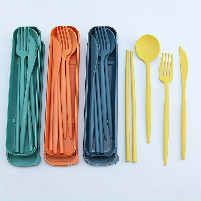 4PCS/Set Wheat Straw Tableware Box Spoon Fork Chopsticks Cutlery Dinnerware Children Adult Travel Portable Kitchen Accessories