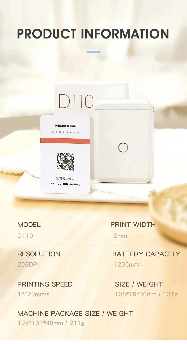 Niimbot D110 Portable Mini Printer Thermal Adhesive Sticker Label Printer Inkless Pocket Label Maker UV Printer For Mobile Label