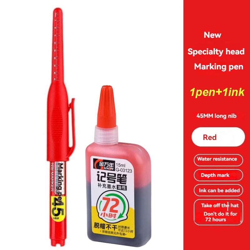 1-12 PCS 45mm Tip Waterproof Long Head Marker Pen Quick-Dry Ink for Woodworking Construction, Deep Hole White Black Red Blue