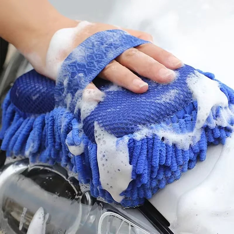 1/2Pcs Blue Microfiber Chenille Auto Cleaning Kit, Car Wash Sponge Pad Washing Glove Towel, Essential Auto Detailing Accessories
