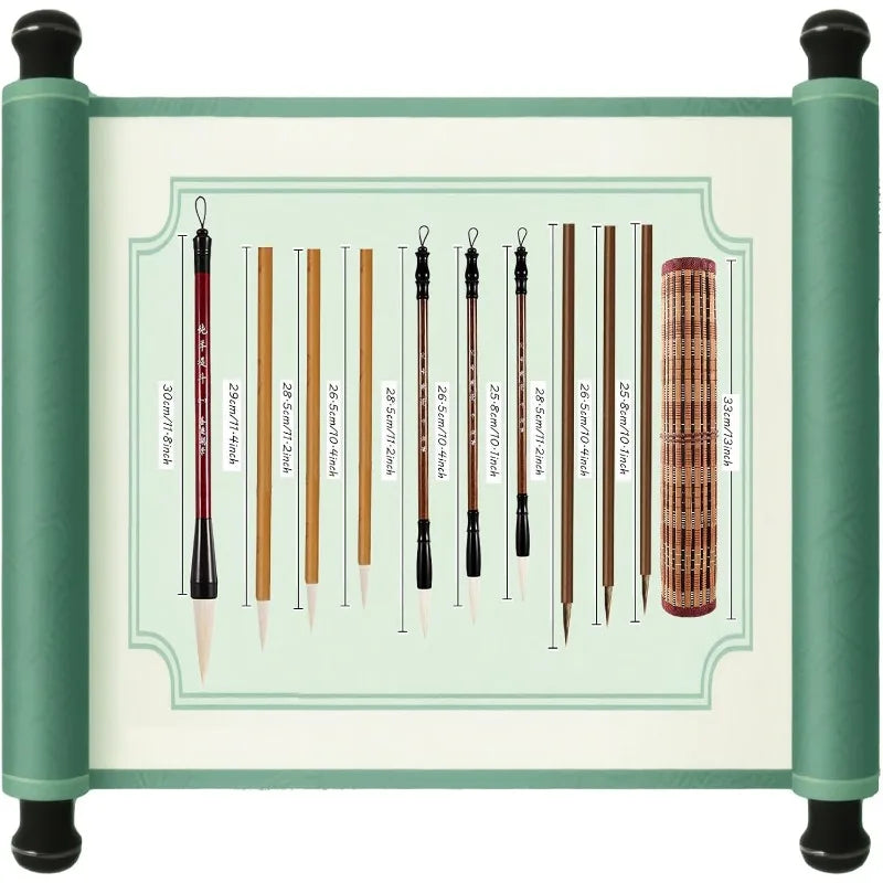 10-Piece Chinese Calligraphy Brush Set - Premium Writing Brushes for Beginners & Artists - with Roll-up Bamboo Brush Holder,