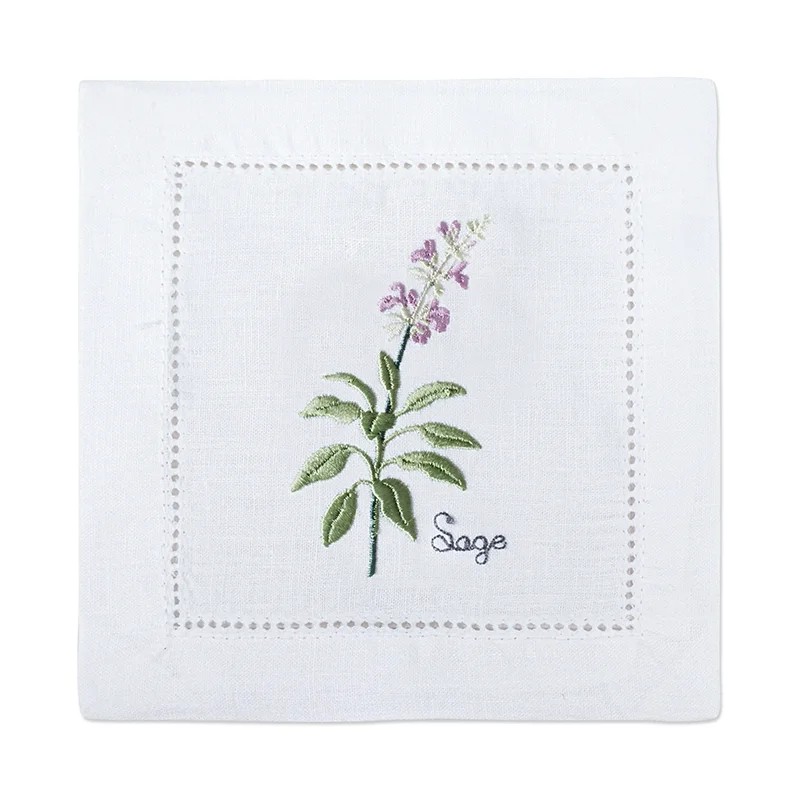 New Embroidered Herb Cocktail Napkin, Pure Linen, Lavender, Rosemary, Mint，Sage，Natural, Elegant, Tea Napkin, 15x15cm,