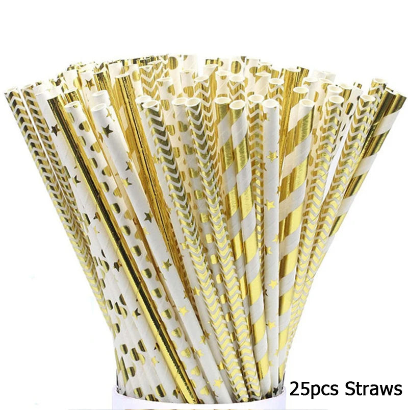 Black Series Gold Blocking Disposable Tableware Party Paper Plates Napkins Cups Straws Birthday Party Wedding New Year Decor