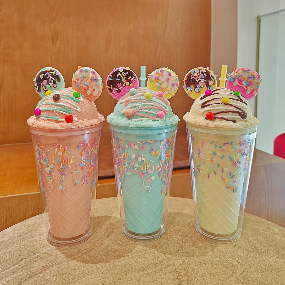 450ml Fashion Cartoon Ice Cream Straw Cup Adorable Plastic Bear Drinking Cup With Lid Milk Tea Cup For Women Girls Outdoor Home