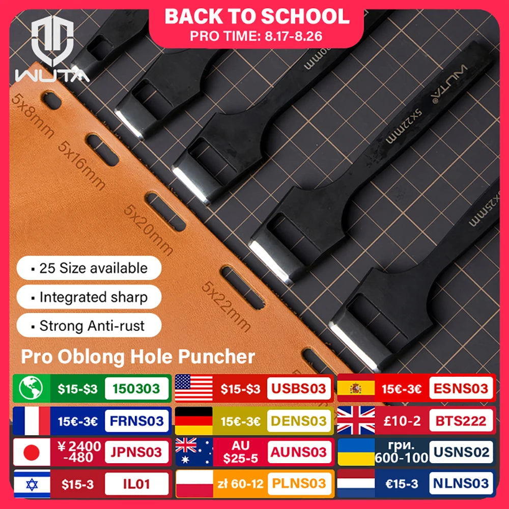 WUTA Pro Leather Oblong Punching Tools Belt Hole Puncher Flat Hollow Punches Strap Watch Band Heavy Duty Oval Hole DIY Craft