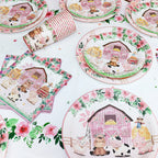 Pink Farm Animals Birthday Decor Disposable Tableware Set Paper Banner Floral Plates Baby Shower Girl Birthday Party Decorations