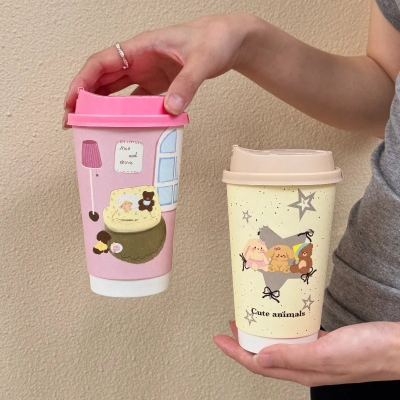 25pcs Pink Disposable Double-layer Thick Paper Cups Coffee Milk Tea Cartoon Printed Paper Cup Yellow Star Hot Drink Takeout Mug