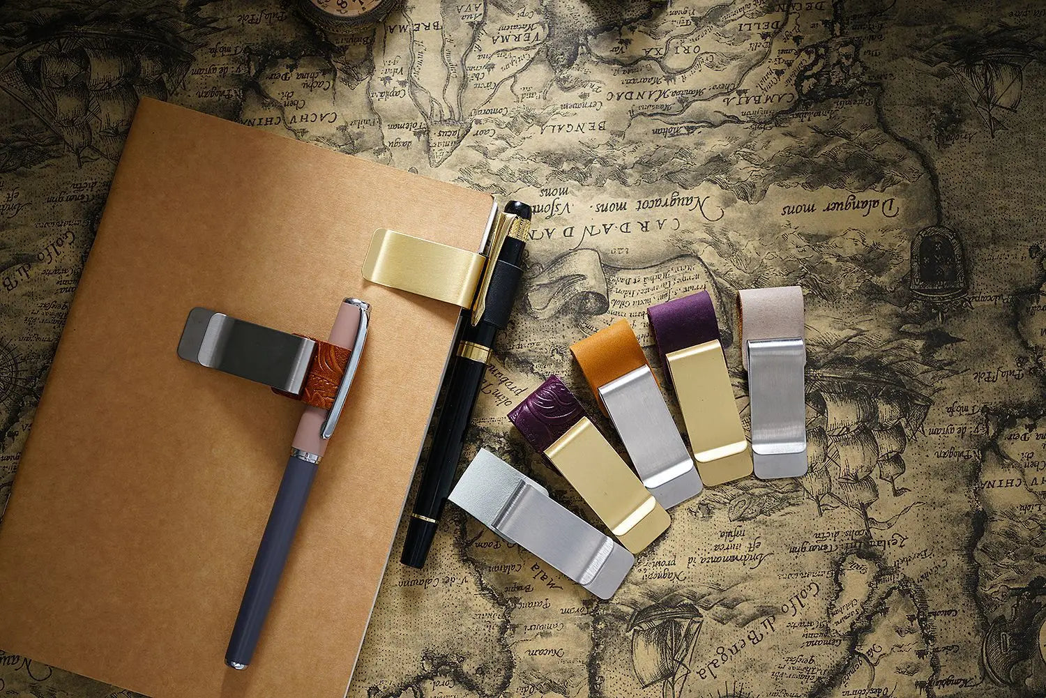 Brass Leather Pen Clip Stainless Steel Cowhide for Traveler's Notebook - Genunine Leather & Metal Notebook Accessory