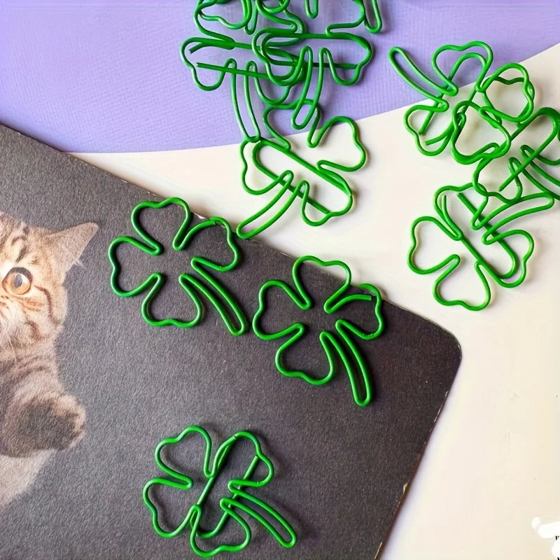 10/30/50 Green four-leaf clover-shaped paper clips - Lucky little clips, durable color document organization clips