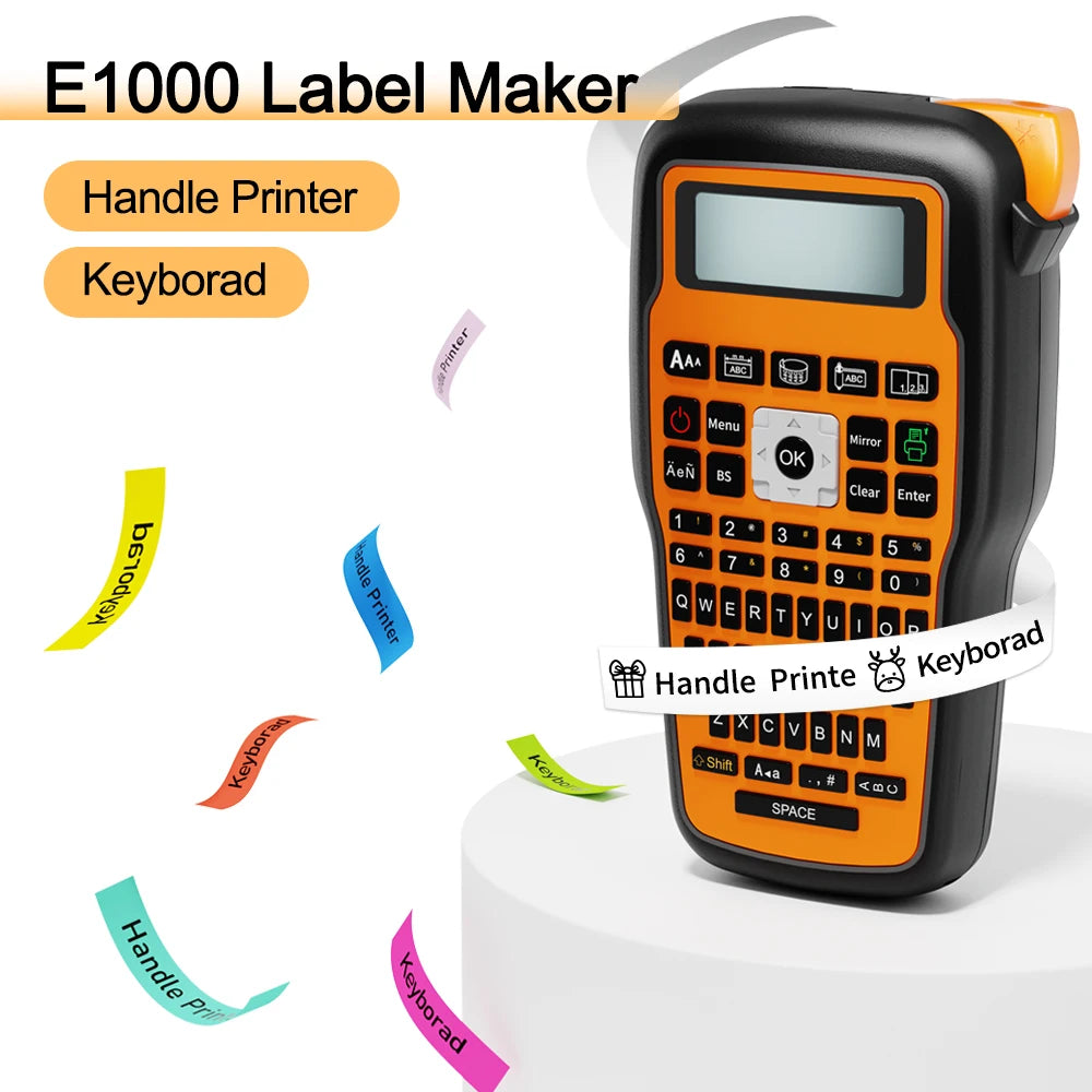 E1000 PRO Label Maker Printer TZ231 Label Maker Tape QWERTY Keyboard Symbols Industrial Printer Work with Heat Shrink Tubes