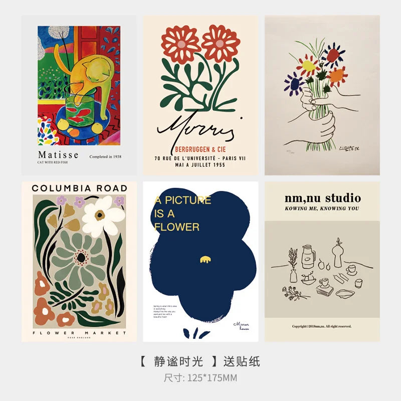 Ins Abstract Artistic Flower Postcard Vintage Aesthetic Background Wall Diy Decorative Card Photo Props With Sticker 6 Sheets