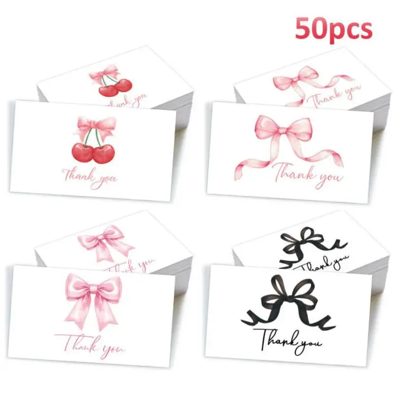 50pcs Business Thank You Cards Cherry & Pink Bow Design Celebration Invitations Gift Wrapping Cards For Party