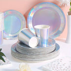 Iridescent Silver Holographic Party Tableware Set Disposable Paper Plates Cups Tablecloth for Birthday Wedding Y2K Disco Decor