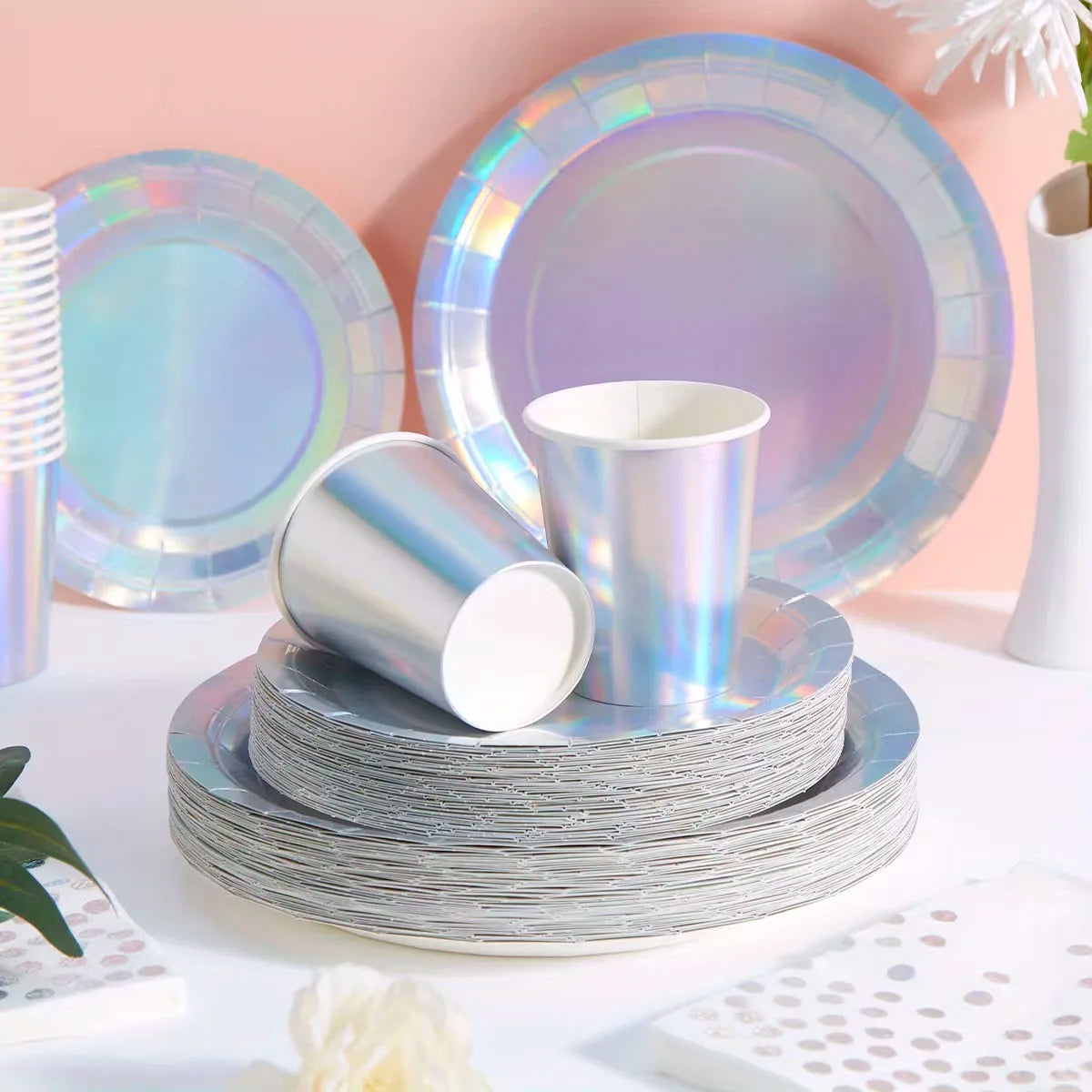 Iridescent Silver Holographic Party Tableware Set Disposable Paper Plates Cups Tablecloth for Birthday Wedding Y2K Disco Decor