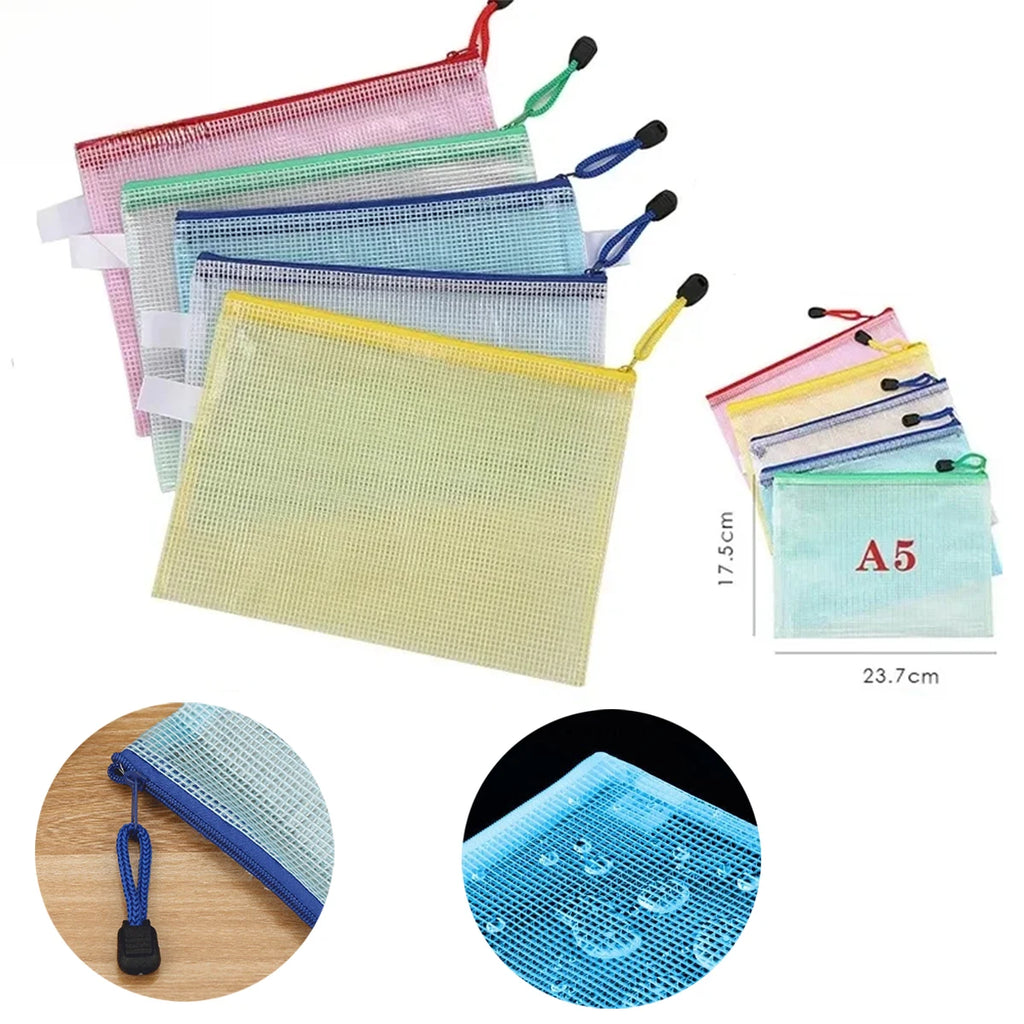 5PCS Stationery Storage Folder File Mesh Zipper Pouch A4/A5/A6 Document Bag Zip File Folders School Office Supplies