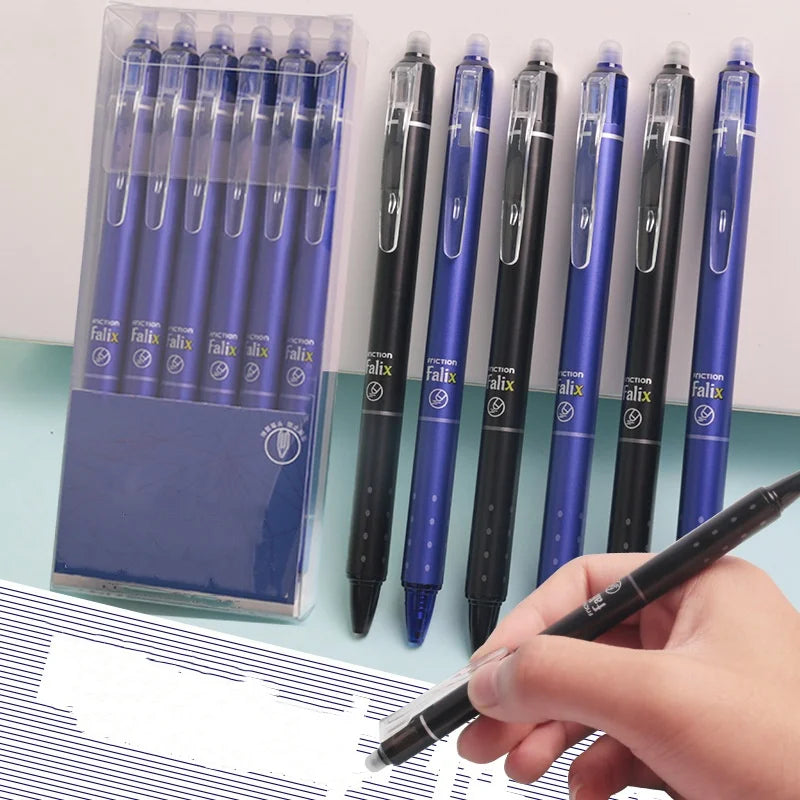 12pcs Press Type Erasable Gel Pens 0.5mm Black/Blue Ink Bullet Washable Handle Magic Refills Rod Super Capacity Ink Writing