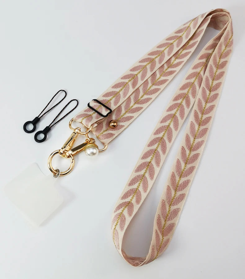Adjustable Crossbody Long Mobile Phone Lanyard Wide Cloth Neckband Strap Rope Women's Pearl Hanging Ornaments Anti-Lost Lanyard