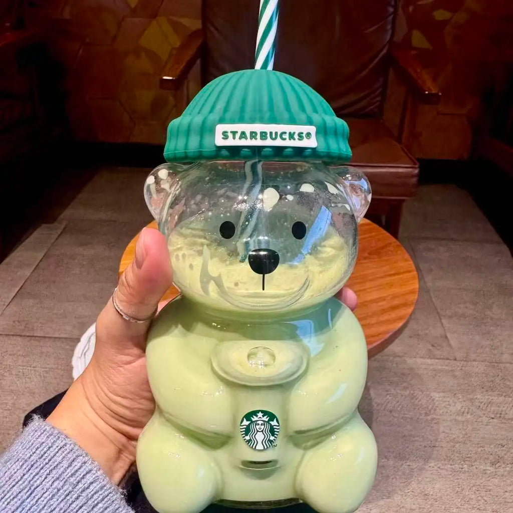 Starbucks Bearista Bear Clear Glass Tumbler 591ml 20oz Green Lid With Straw Cold Water Iced Coffee Home Café Gift