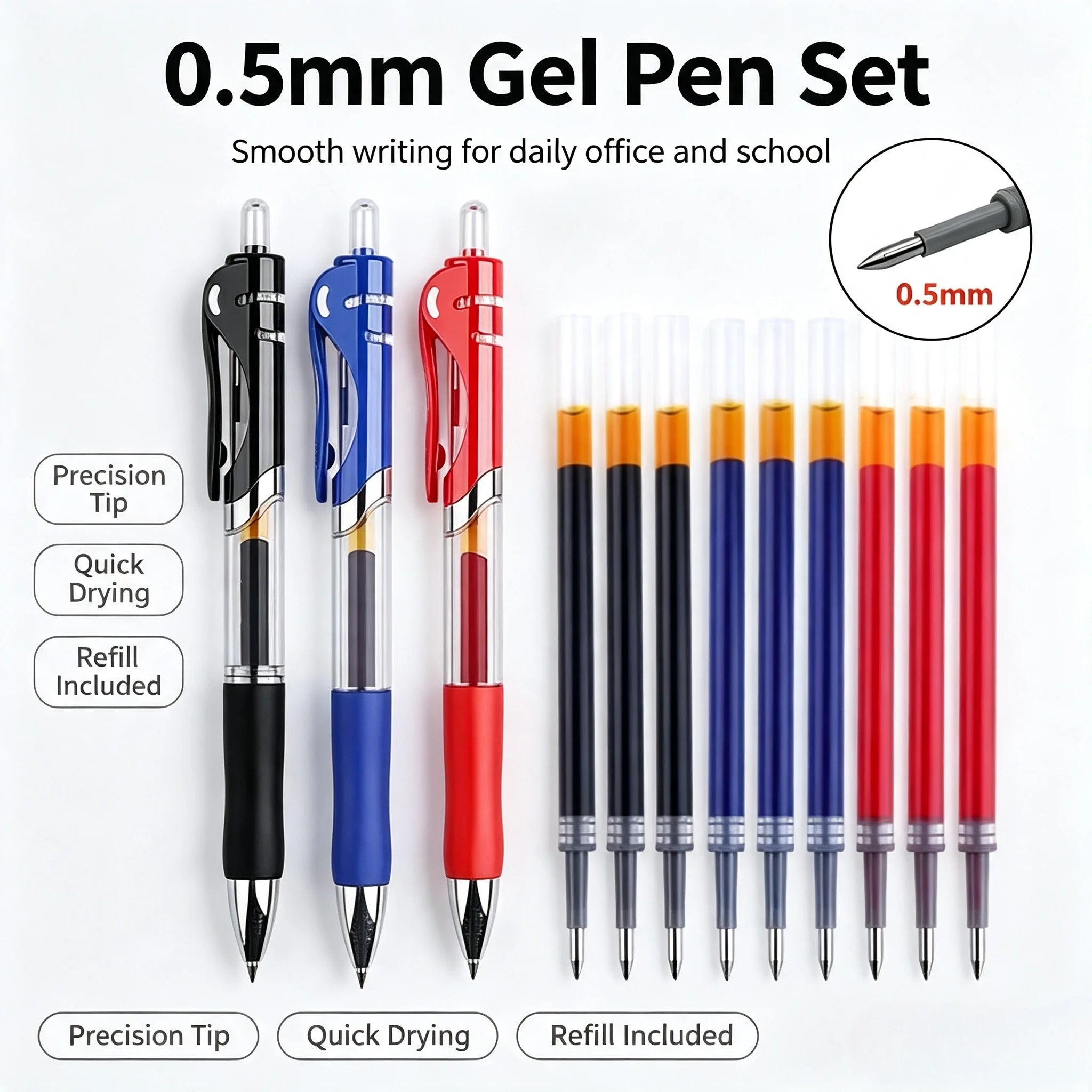 13Pcs Set Ballpen Retractable Gel Pens Black Red Blue Ink 0.5mm Ballpoint Replaceable Refills Office School Supplies Stationery