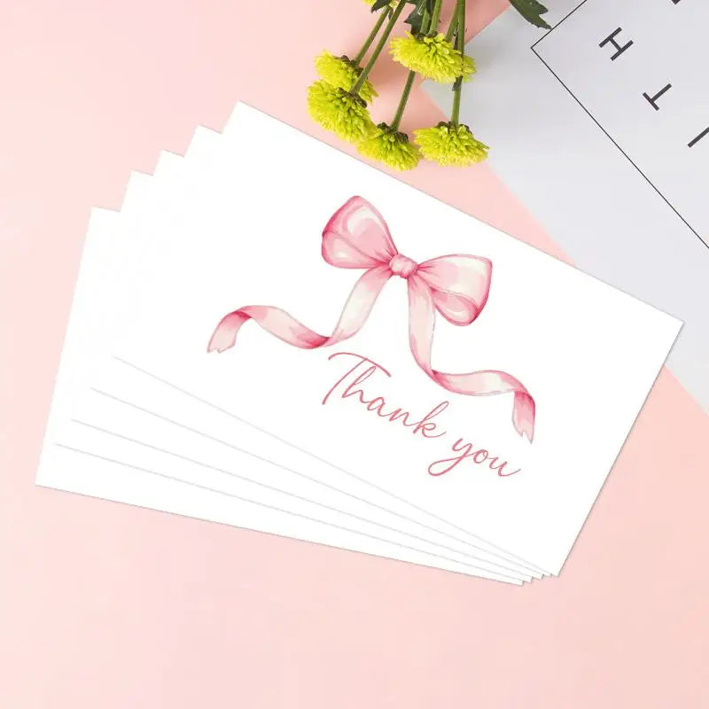 50pcs Business Thank You Cards Cherry & Pink Bow Design Celebration Invitations Gift Wrapping Cards For Party