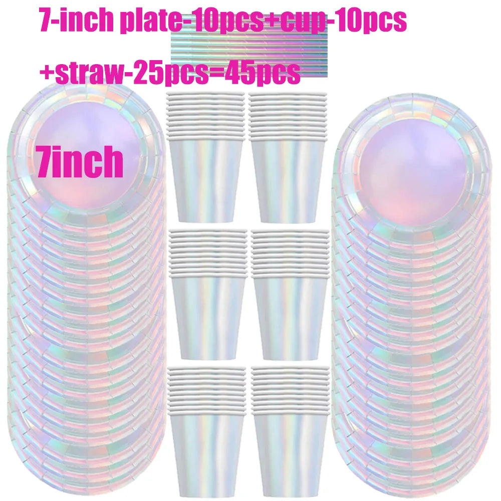 Laser Disposable Tableware Sets Silver Party Paper Cups Paper Plates Straw Party Tableware Wedding Decor Birthday Party Supplies