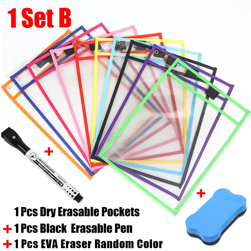 Reusable File Dry Erasable Pockets with Erasable Pen Kids Transparent  Pocket A4 Letter Hanging PET File for Teaching Supplies