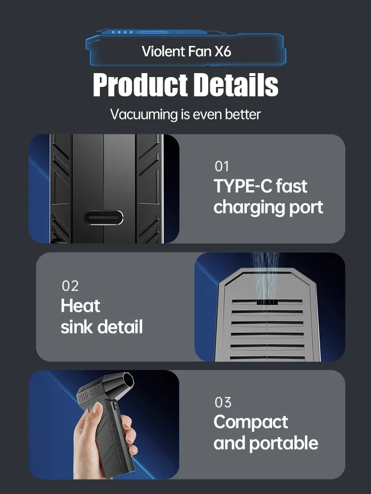450,000RPM X6 Air Blower Powerful dust Vacuum Cleaner Fast Charging Strong Wind Brushless Violent Fan for car/computer cleaning