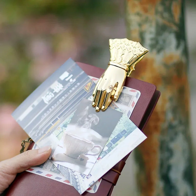 Fromthenon Gold Color Vintage Notebook Clip Hand Shaped Book Clip Metal Gilded Hand Sleeve Book Decoration Storage Clip
