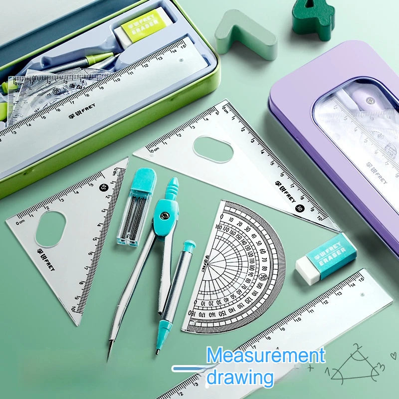 7Pcs/Set Student Compass Set School Mathematical Rulers Multi-Function Learning Professional Drawing Tool Girls Gifts Stationery