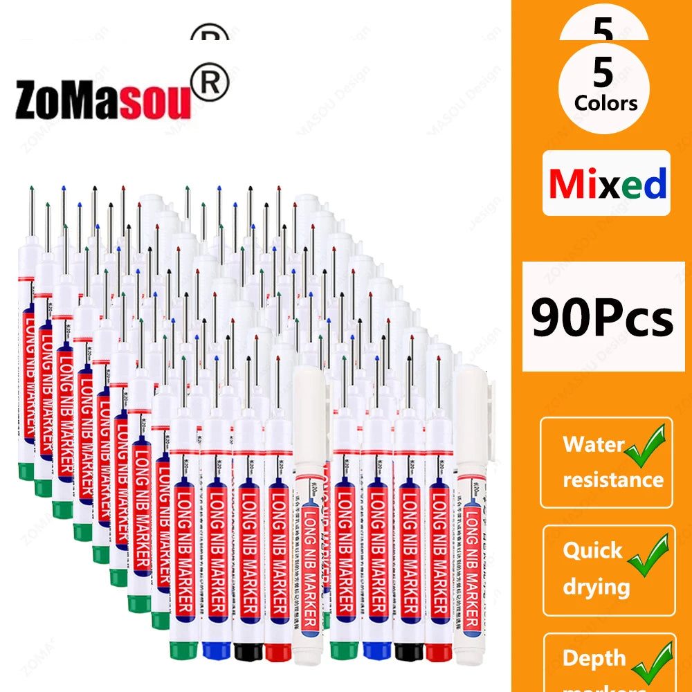 1-90Pcs Waterproof White Long Head Markers Pen 2cm Woodworking Deep Hole Marker Pens Metal Carpenter Black/Red/Blue/Green Ink