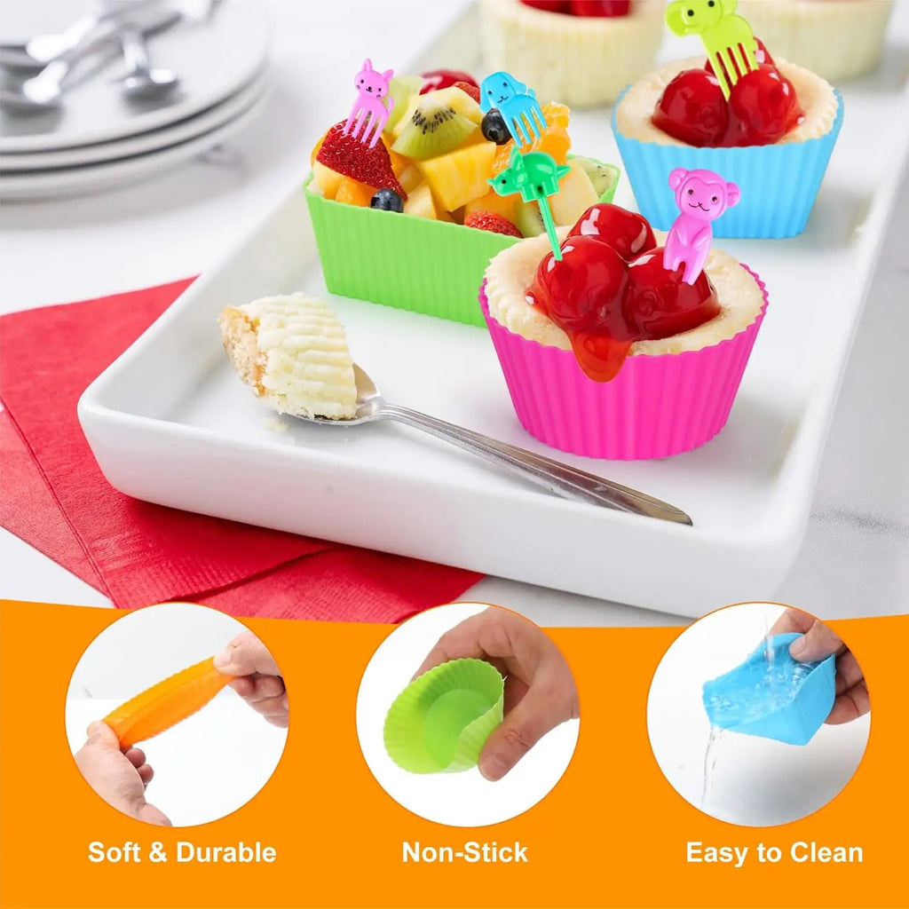 Kids Lunch Bento Box Accessories with Silicone Cupcake Liners for Baking and Small Animal Food Toothpicks Fruit Forks