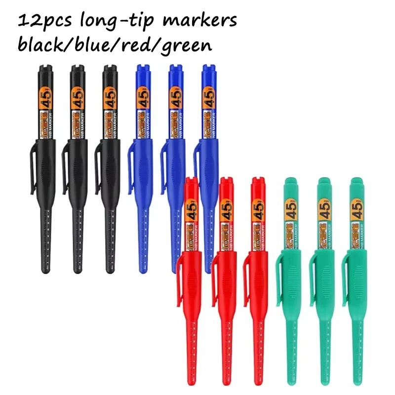 12Pcs Multi-Purpose 45mm Deep Drill Hole Long Nib Waterproof Marker Pens for Bathroom Woodworking Long Head Carpenter Pen White
