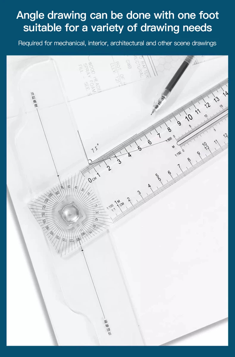 2/1pcs Multifunction Rotatable T-Square Ruler 4mm Thicken Plastic Math Line Circular Transparent Folding Geometric Drawing Ruler