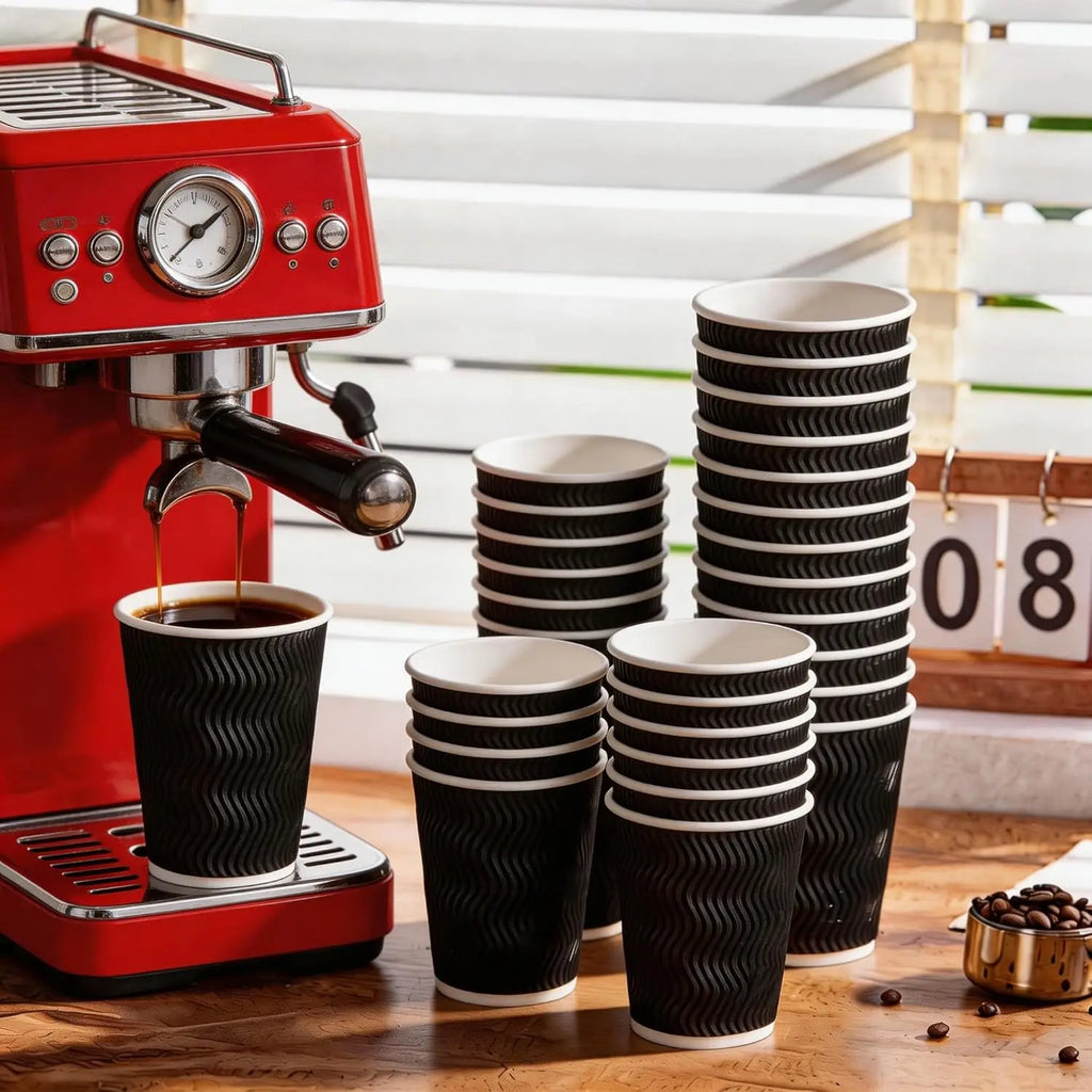 Black Rippled Double Wall Paper Cups, Disposable Coffee Cups, Paper Cups for Christmas Party and Daily [With Lids]